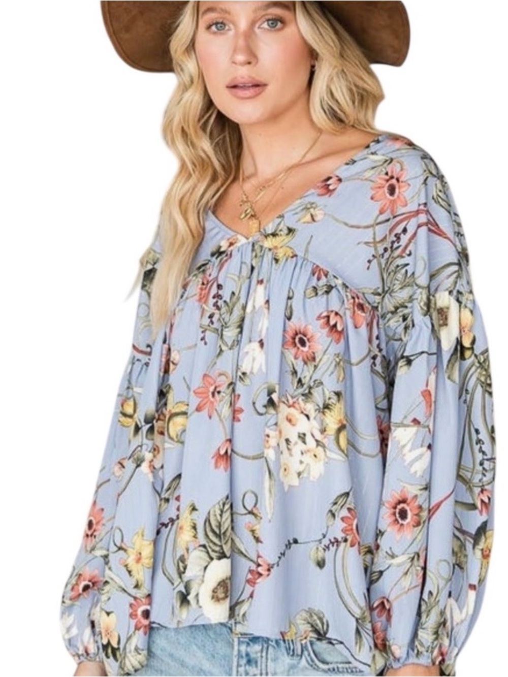 Boho NWOT Floral Peasant Blouse - Light Blue